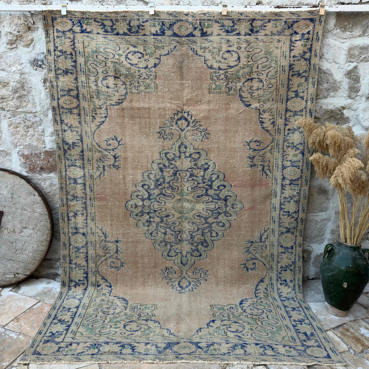 Blue 6' x 9' oriental wool rug with medallion design, handmade in Turkey – Zander.