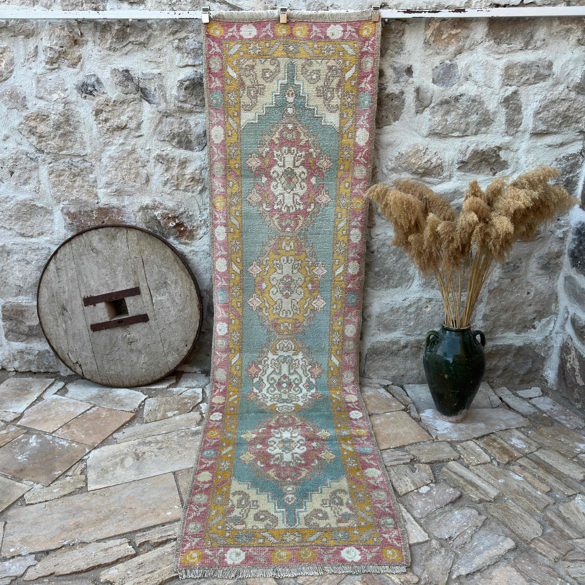 Green 3' x 11' oushak runner rug with oushak design, handmade in Turkey – Ezra.