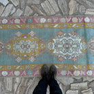 1970s green Turkish oushak runner rug with oushak design, hand-knotted weave and low pile.