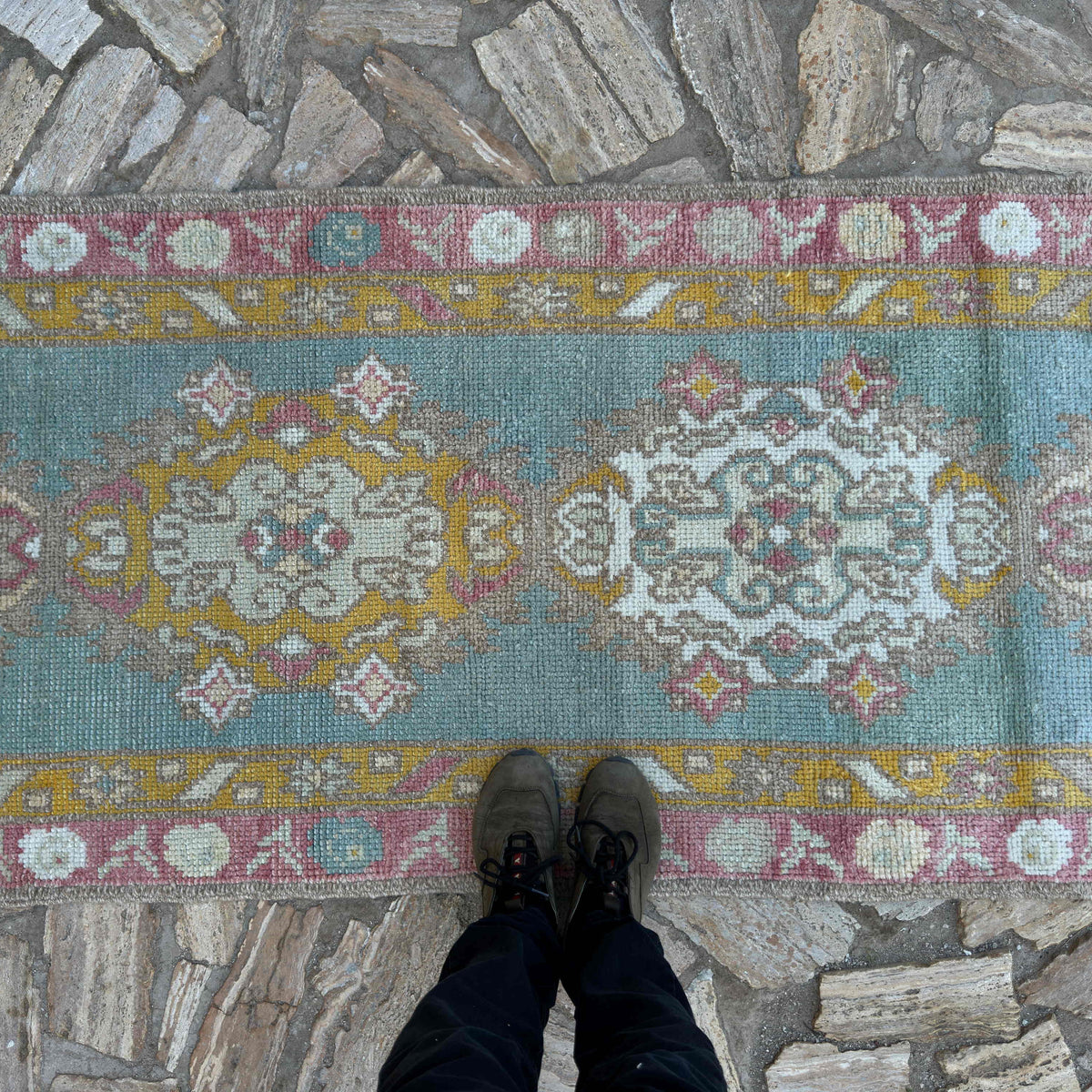 1970s green Turkish oushak runner rug with oushak design, hand-knotted weave and low pile.