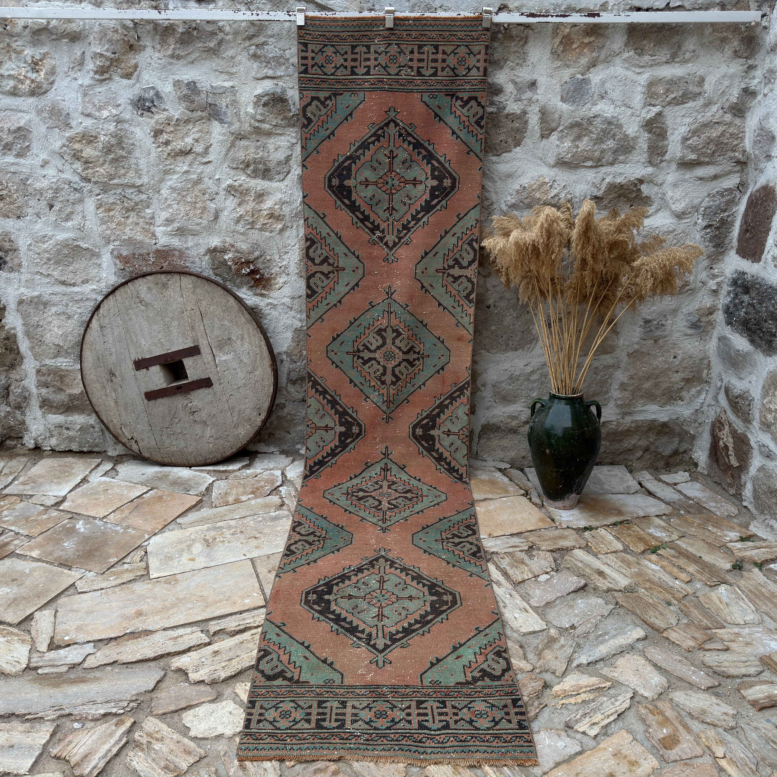 Pale Green 3' x 12' oushak runner rug with traditional design, handmade in Turkey – Khalid.