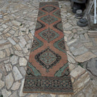 Pale Green 3' x 12' Turkish oushak runner rug in wool and cotton, shown on the floor.