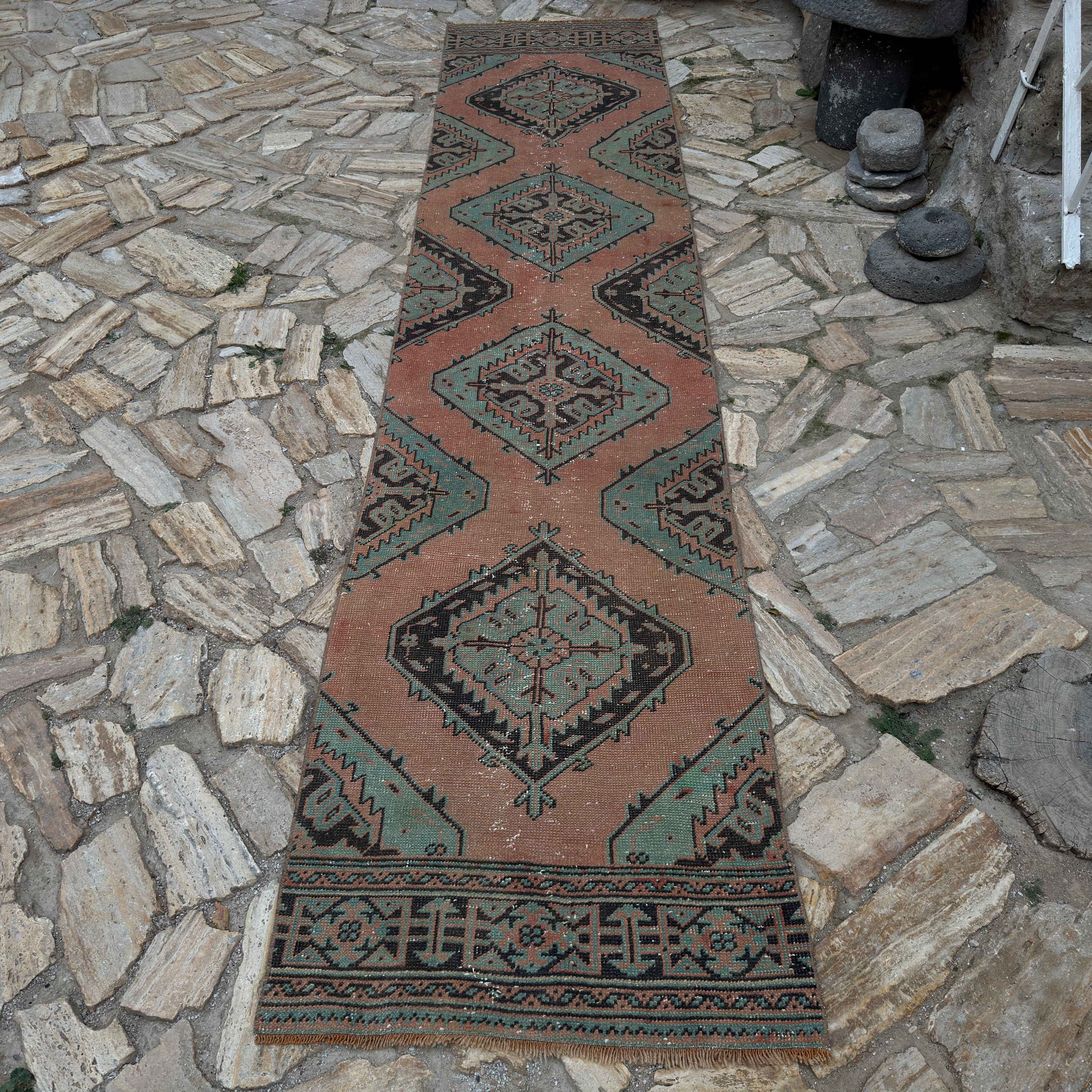 Pale Green 3' x 12' Turkish oushak runner rug in wool and cotton, shown on the floor.
