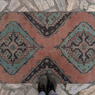 1970s pale green Turkish oushak runner rug with traditional design, hand-knotted weave and low pile.