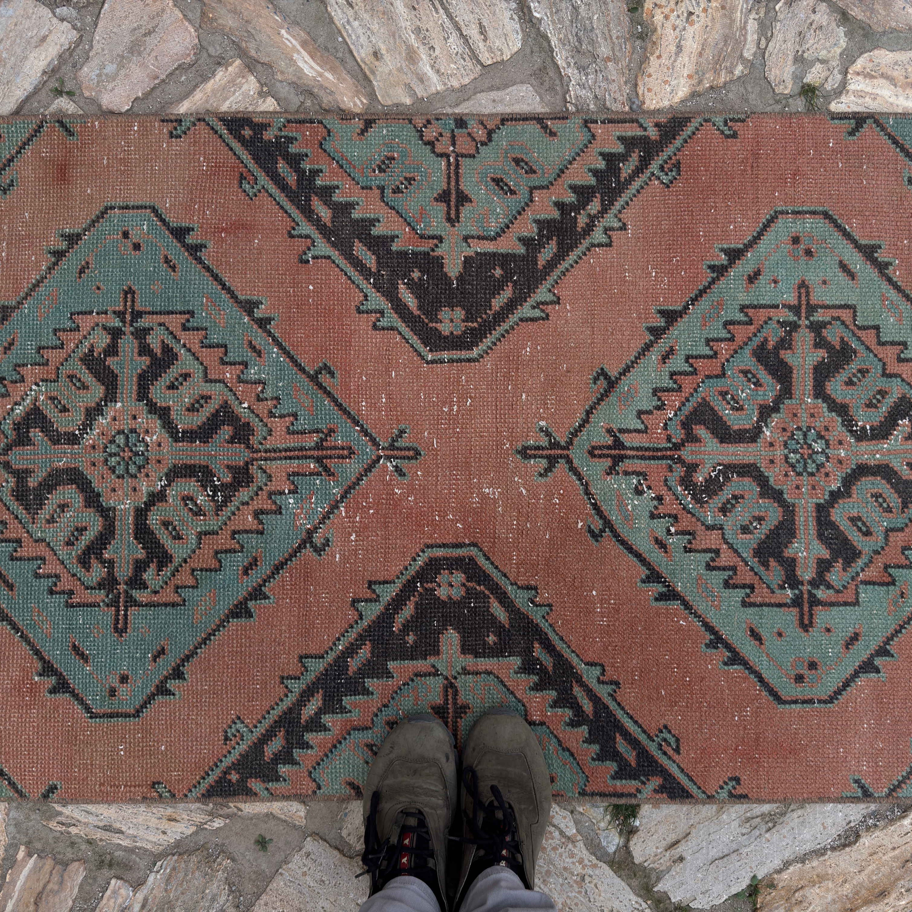 1970s pale green Turkish oushak runner rug with traditional design, hand-knotted weave and low pile.