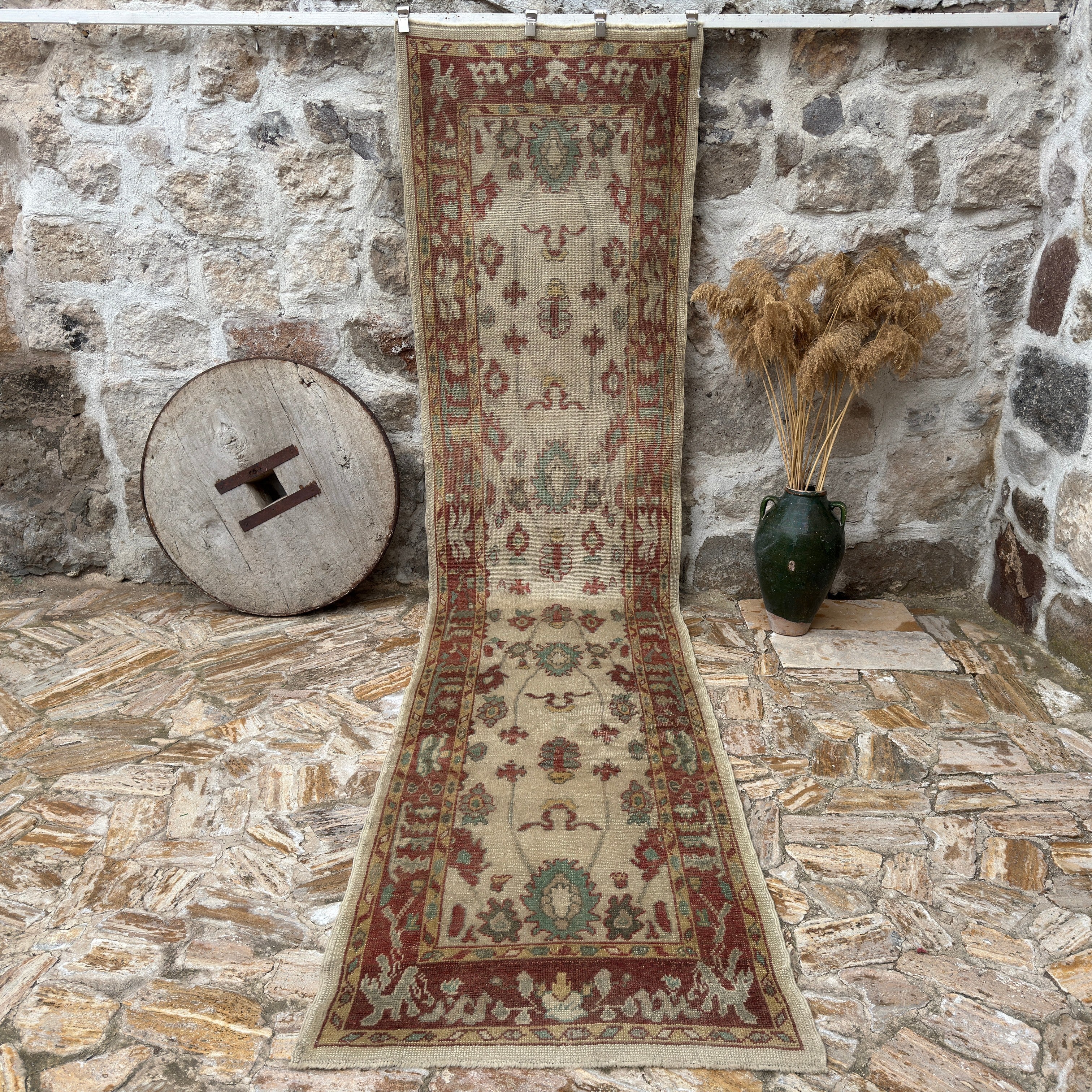 Red 3' x 14' oushak runner rug with oushak design, handmade in Turkey – Dedra.