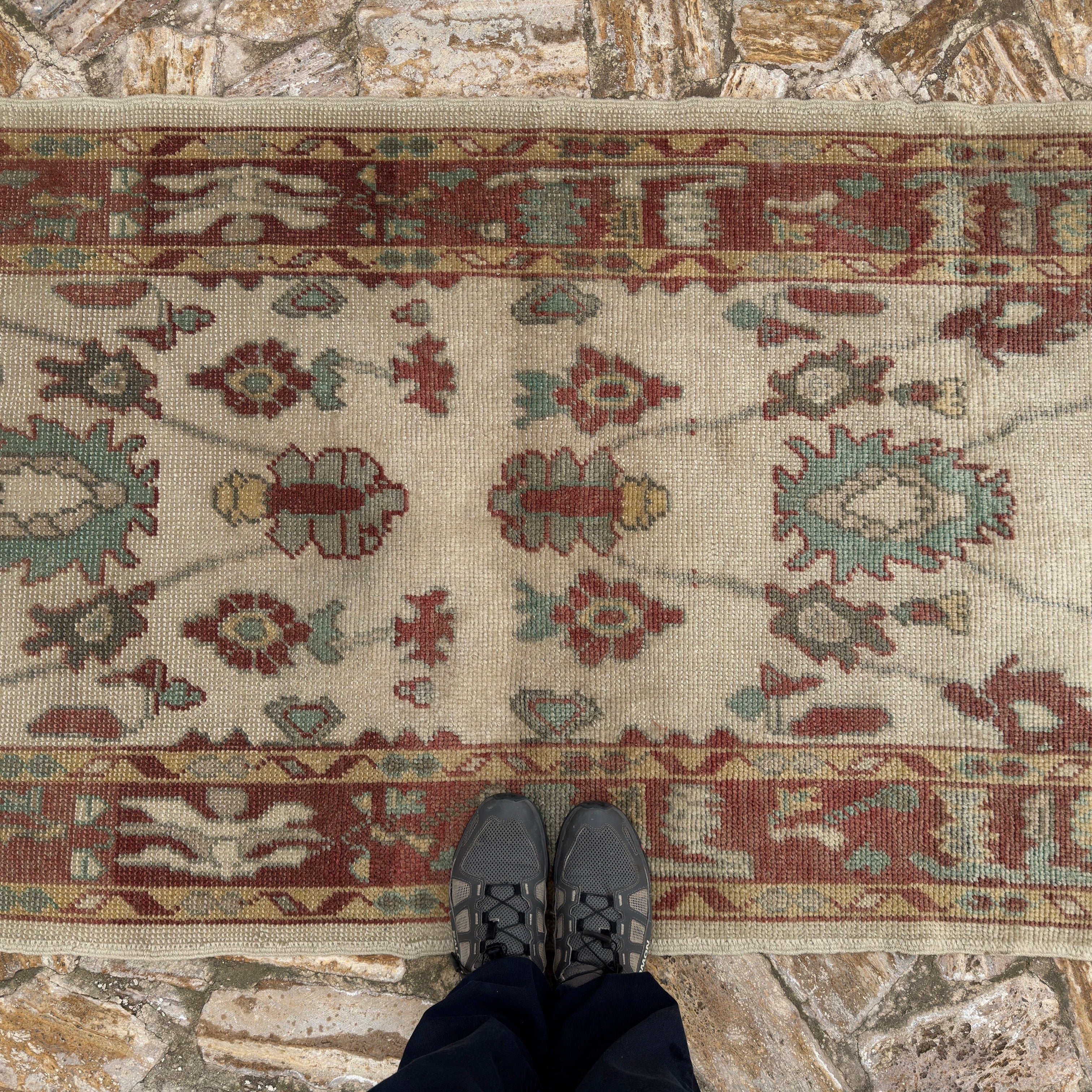 1970s red Turkish oushak runner rug with oushak design, hand-knotted weave and low pile.