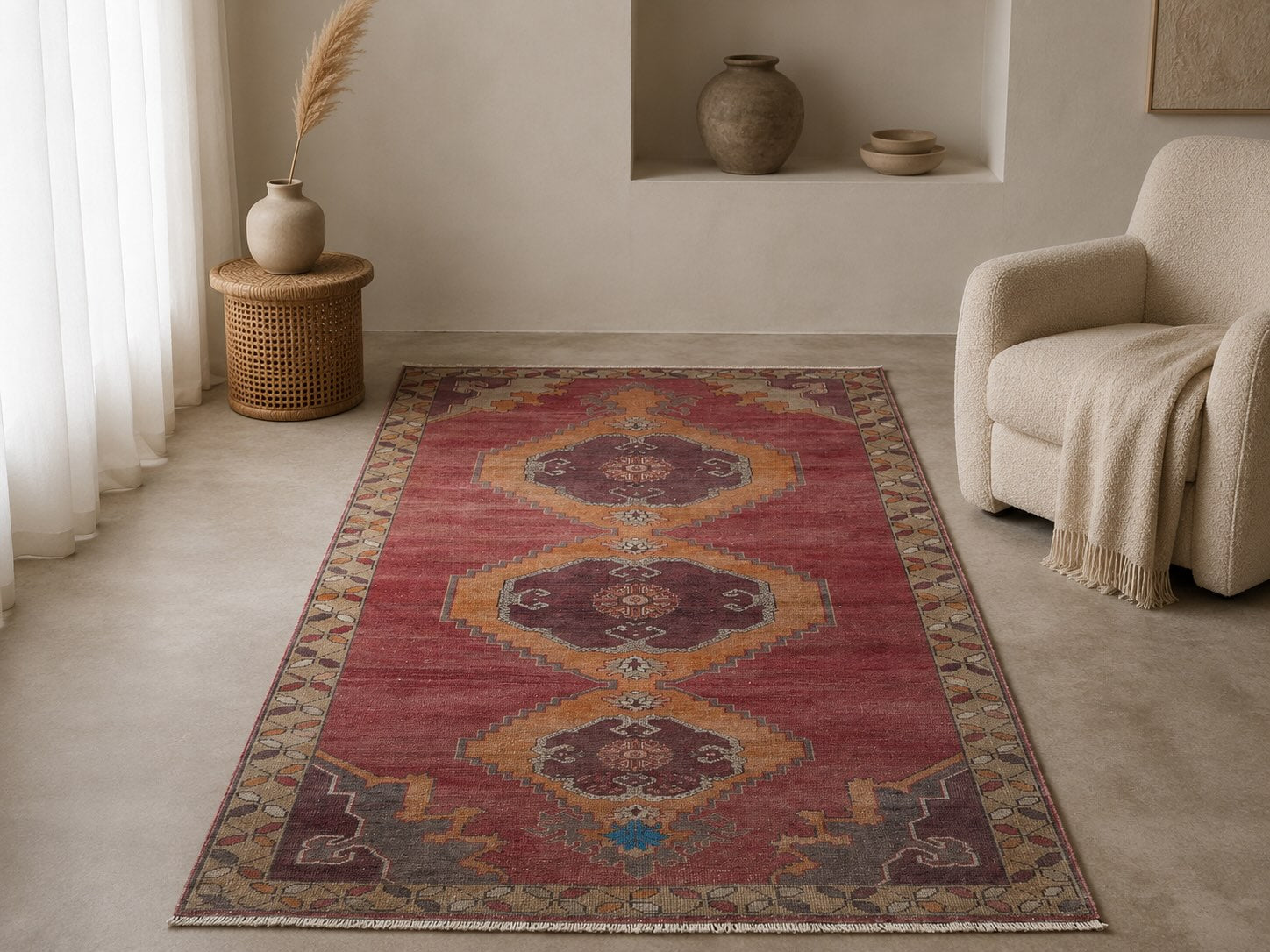 Large pale red and orange vintage rug with a soft, faded Oushak-style palette in a minimalist neutral living room