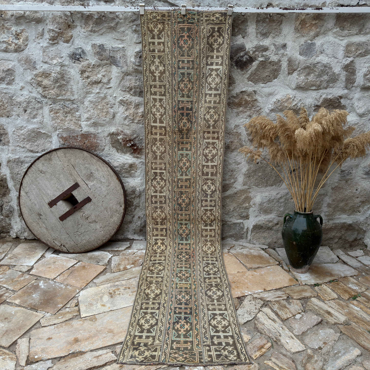 Beige 2' x 11' patchwork runner rug with patchwork design, handmade in Turkey – Miguel.