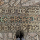1970s beige Turkish patchwork runner rug with patchwork design, hand-knotted weave and low pile.