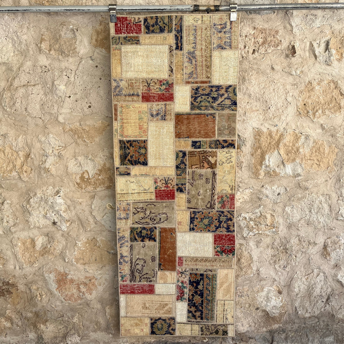 Beige 2' x 6' patchwork runner rug with patchwork design, handmade in Turkey – Kayden.