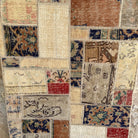Beige 2' x 6' Turkish patchwork runner rug in wool and cotton, shown on the floor.