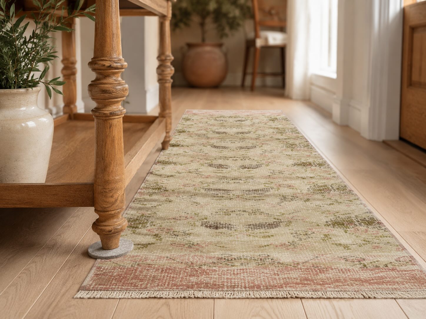 Felt furniture pad preventing rust stains on a vintage runner rug