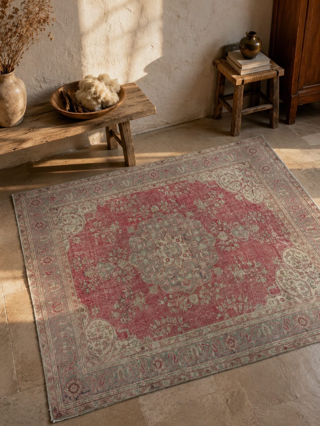 Pale red vintage Anatolian rug styled near raw wool and dried madder root, reflecting traditional Turkish natural-dye weaving