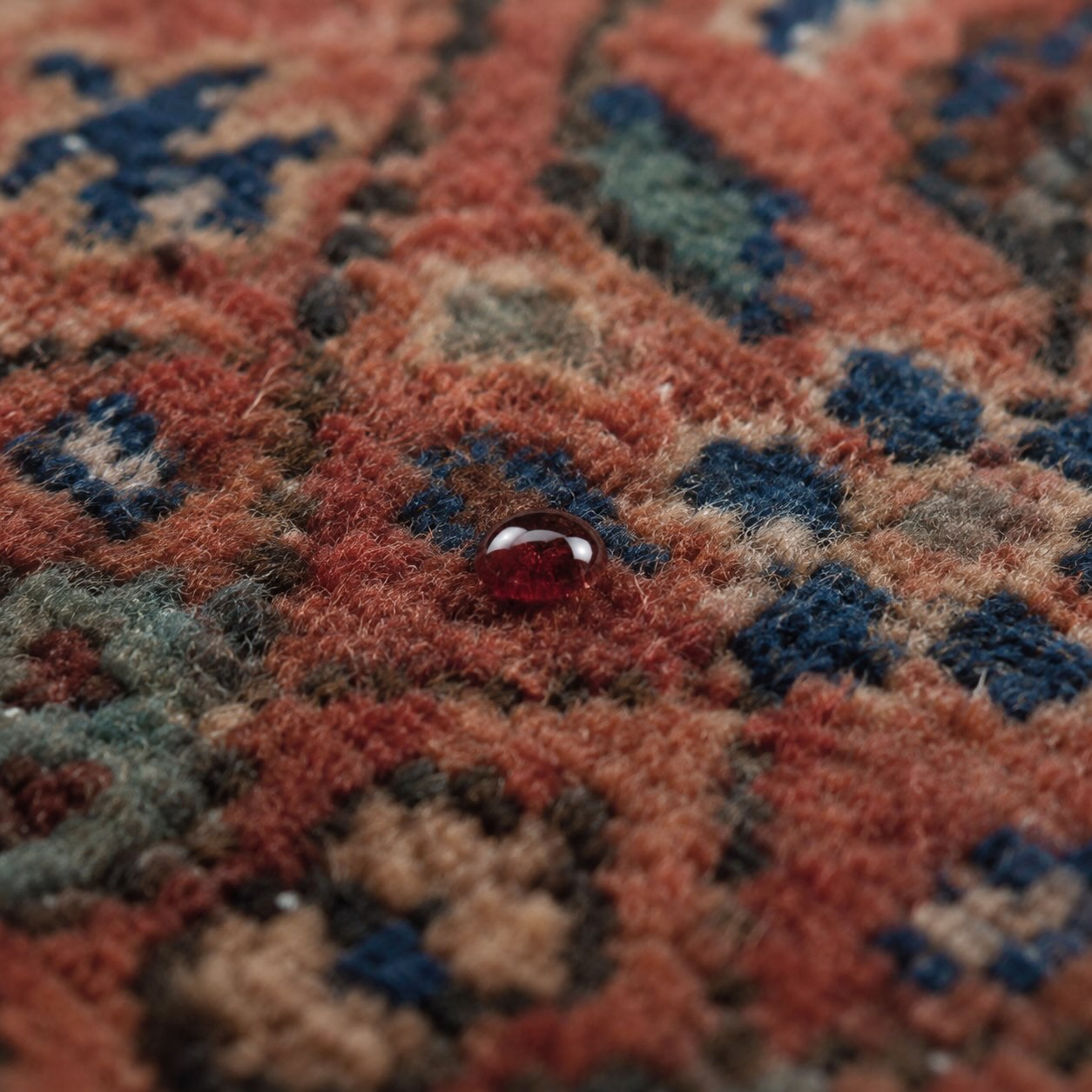Macro close-up of a red wine droplet resting on the natural-dyed wool pile of a hand-knotted rug