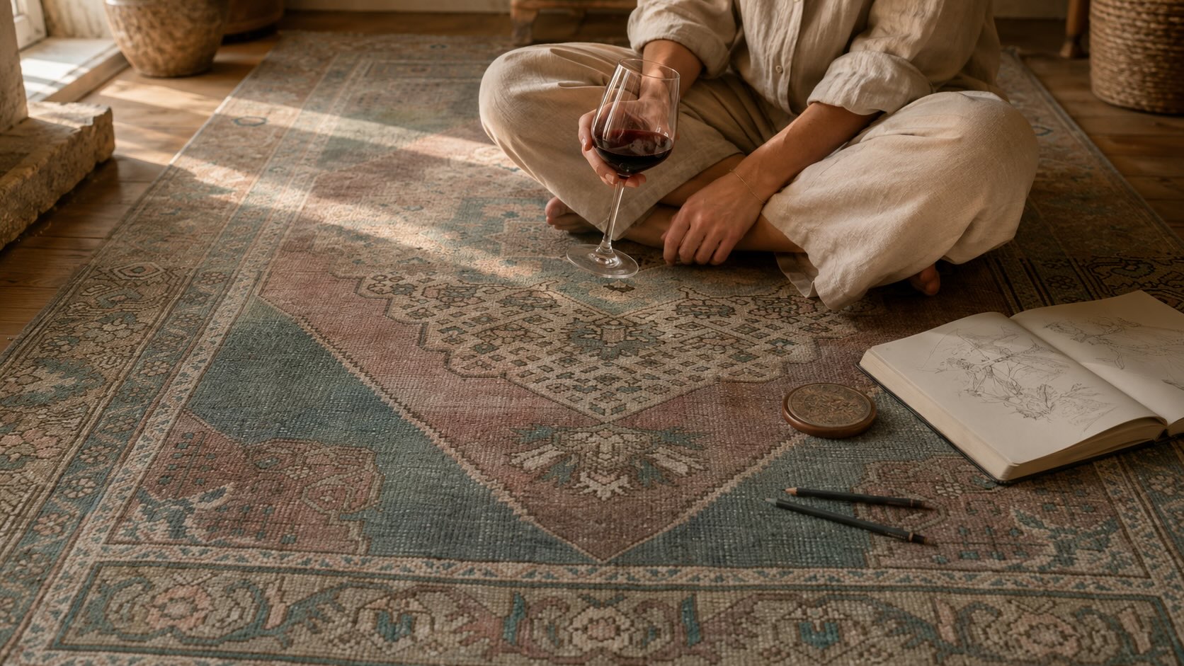 Person sitting cross-legged on a faded pastel vintage Turkish rug, holding a glass of red wine, with a sketchbook and pencils nearby