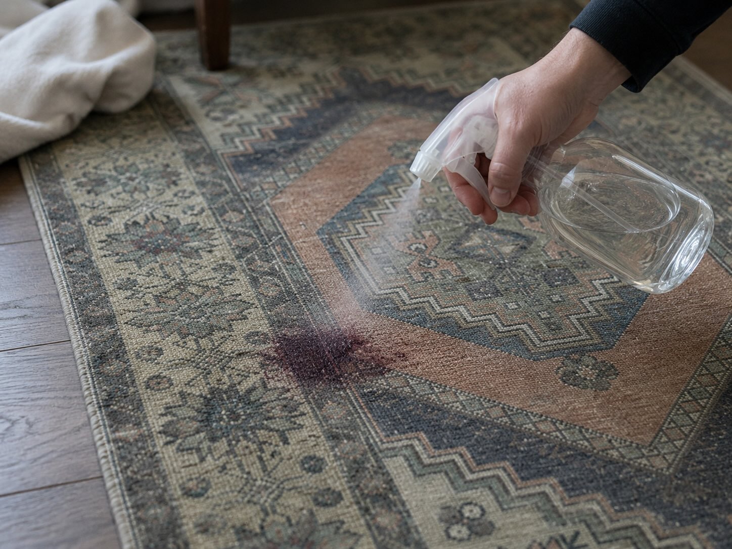 Hand spraying water onto a dried red wine stain on a vintage medallion-pattern wool rug before cleaning