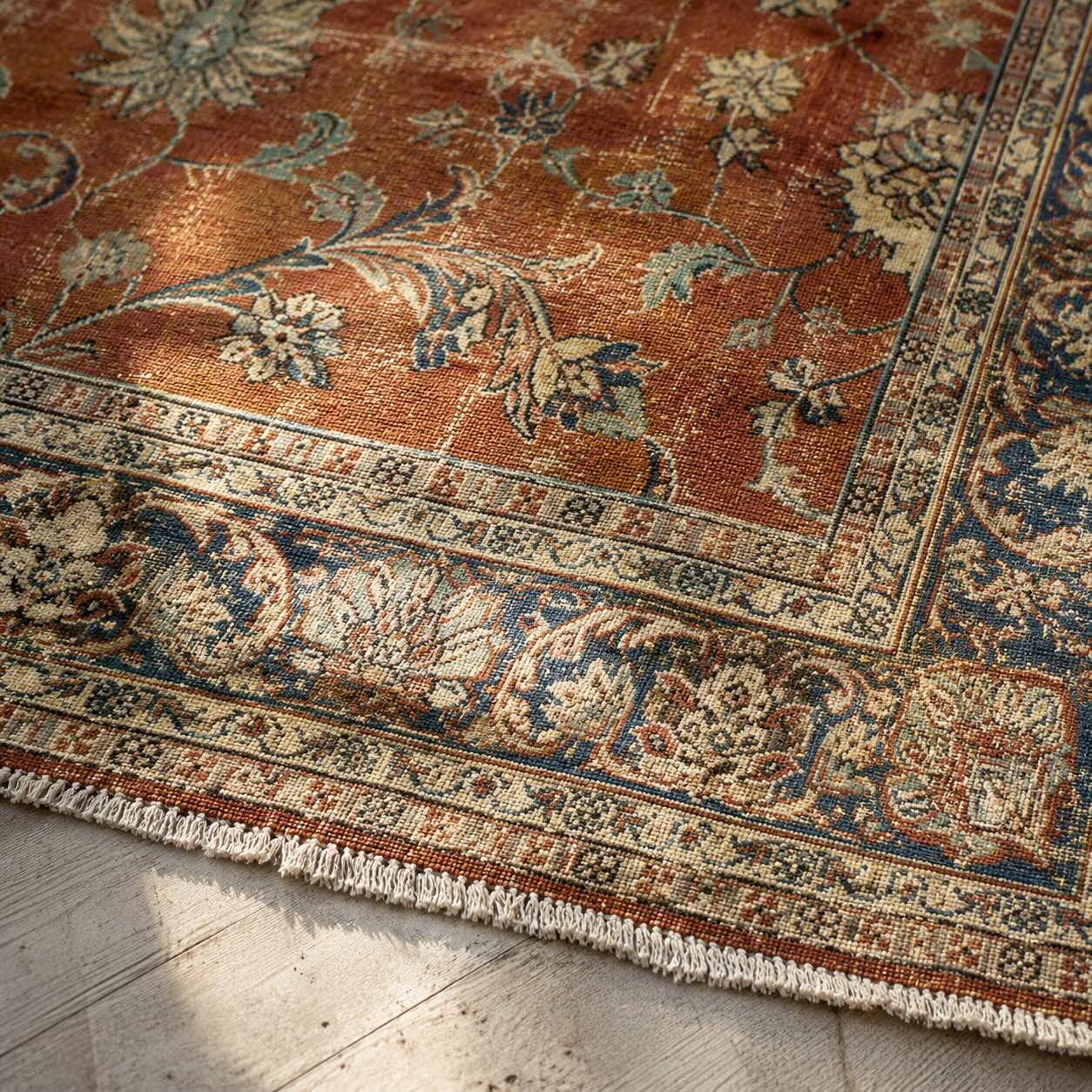 Close-up of a vintage Turkish rug's fringe and natural color variation, showing handwoven abrash