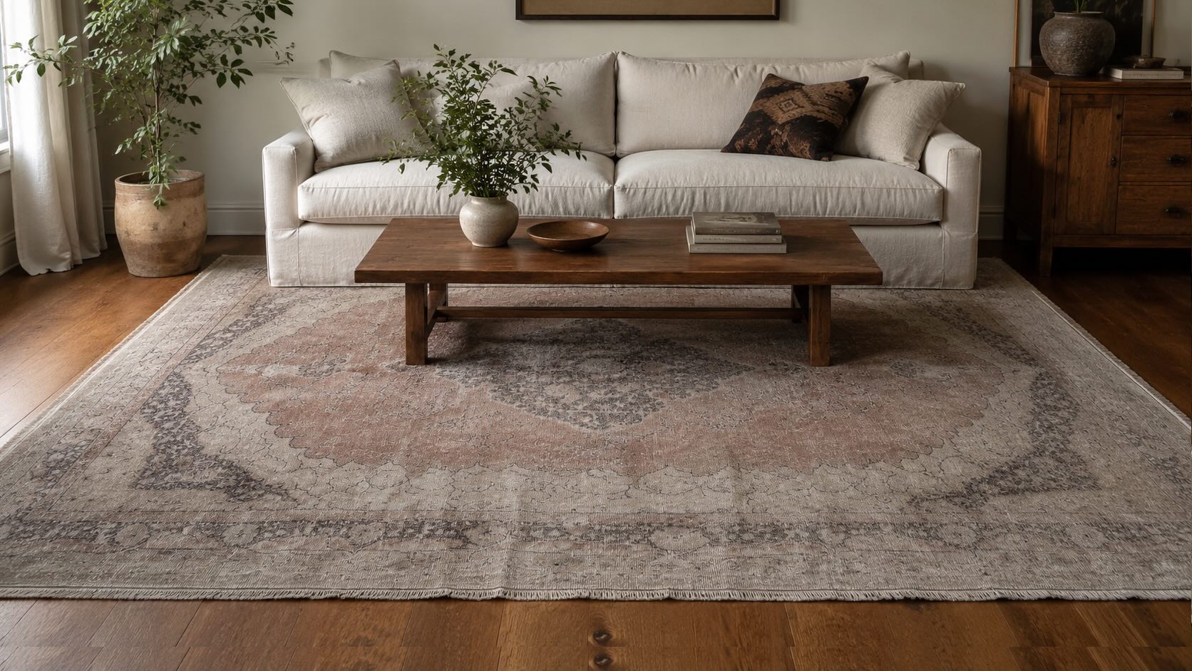 Vintage Turkish rug in soft faded red and beige anchoring a neutral living room with a linen sofa