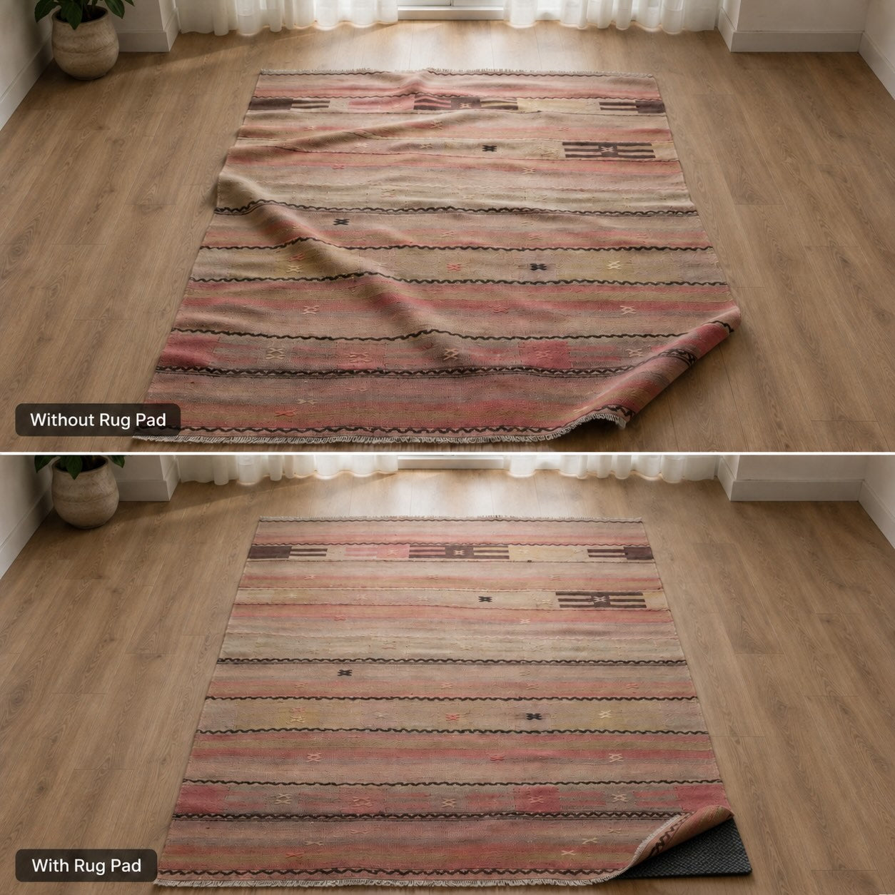 Split image showing a vintage Turkish kilim rug on carpet — top without rug pad showing the rug bunched and shifted, bottom with rug pad lying completely flat and secure