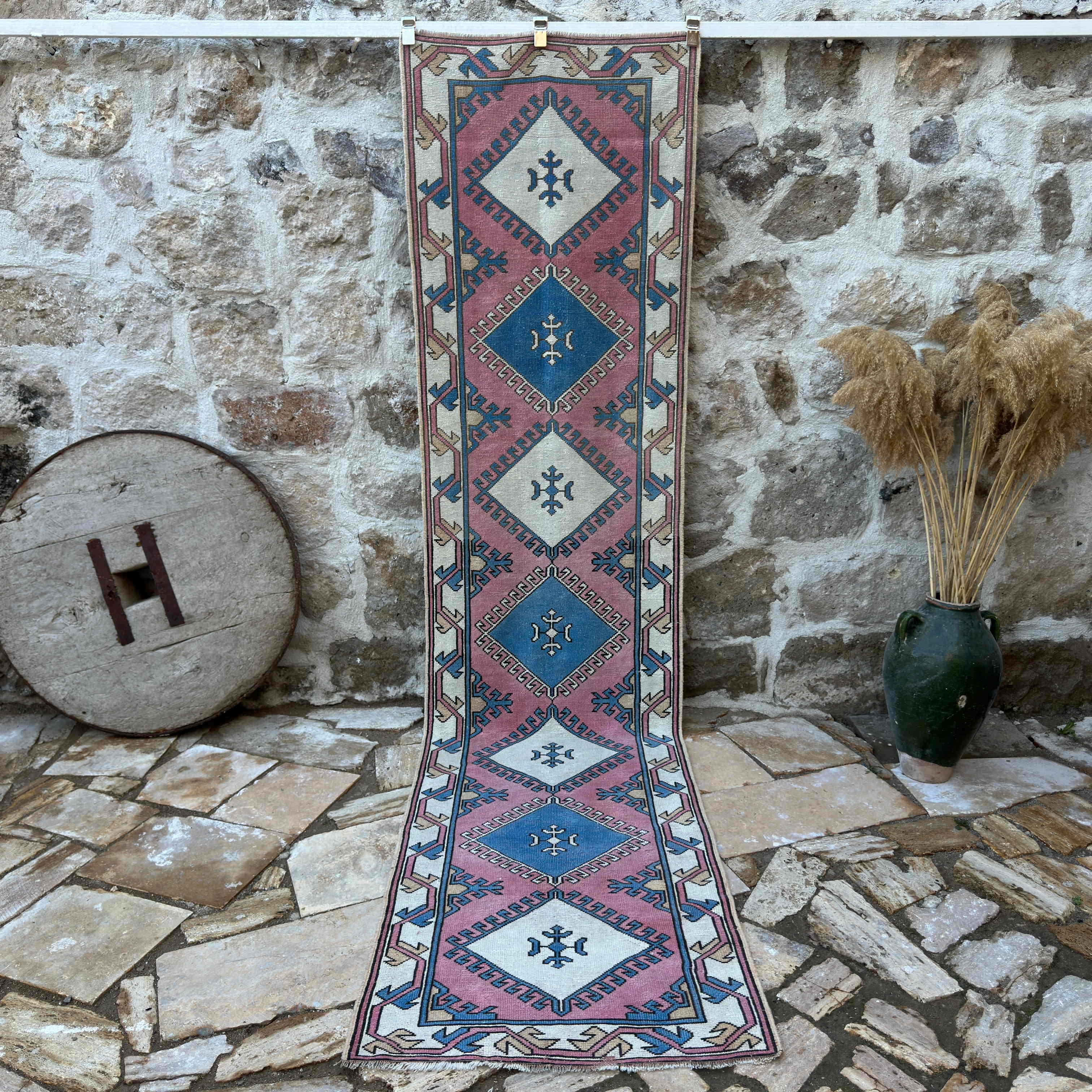 Pink 3' x 11' runner rug with traditional design, handmade in Turkey – Royce.