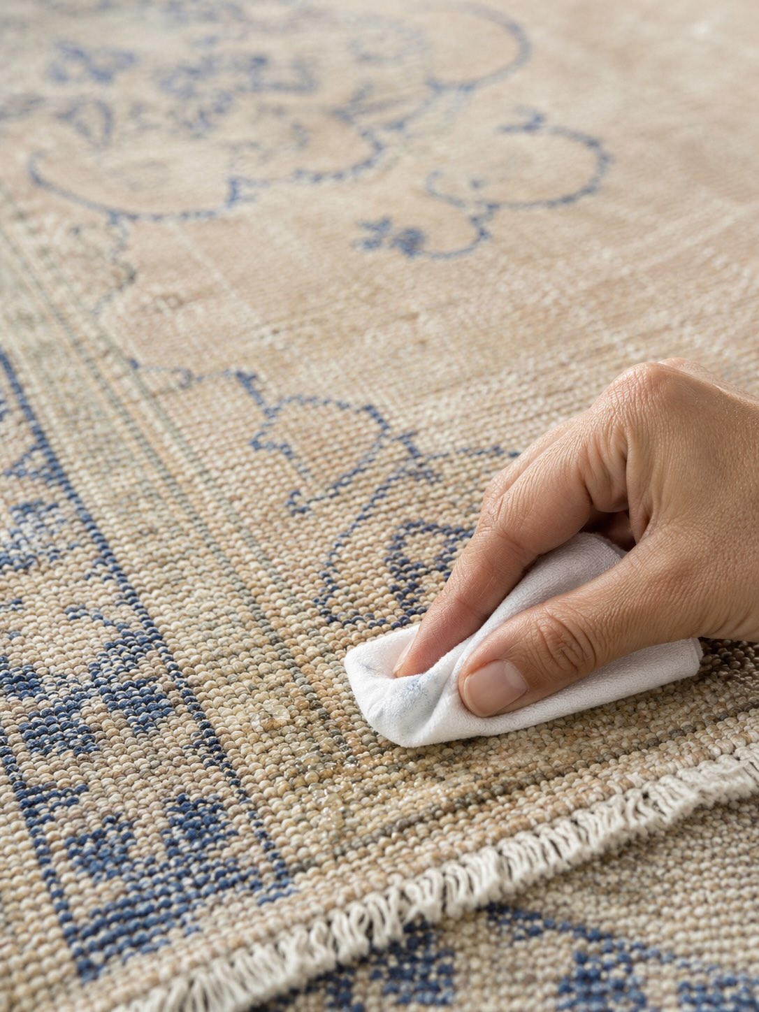 Testing colorfastness with lemon juice on a vintage wool rug before rust stain removal