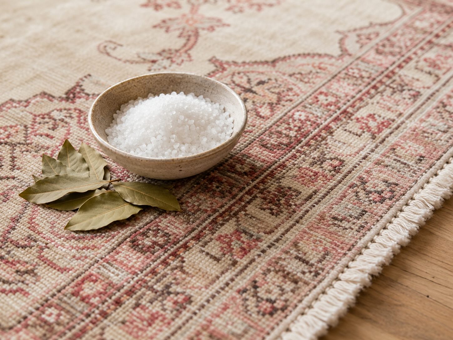 Ceramic bowl of coarse sea salt with dried bay leaves placed on a vintage hand-knotted Turkish rug with fringe detail visible