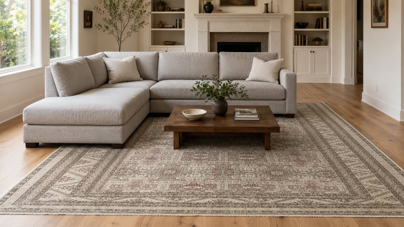 Light gray L-shaped sectional sofa anchored by a 9x13 pale beige vintage Kayseri Turkish rug on oak hardwood floors, with walnut coffee table and fireplace in background