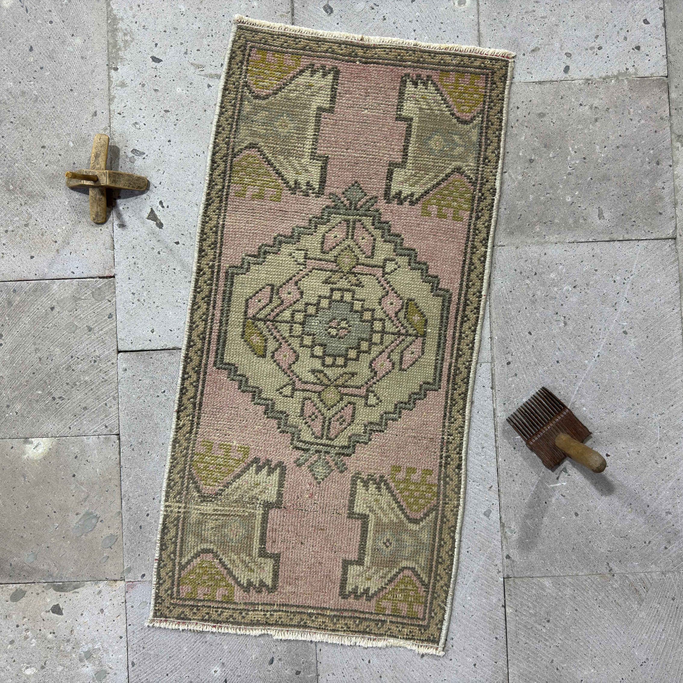 Pink 1' x 3' small area rug with traditional design, handmade in Turkey – Deana.