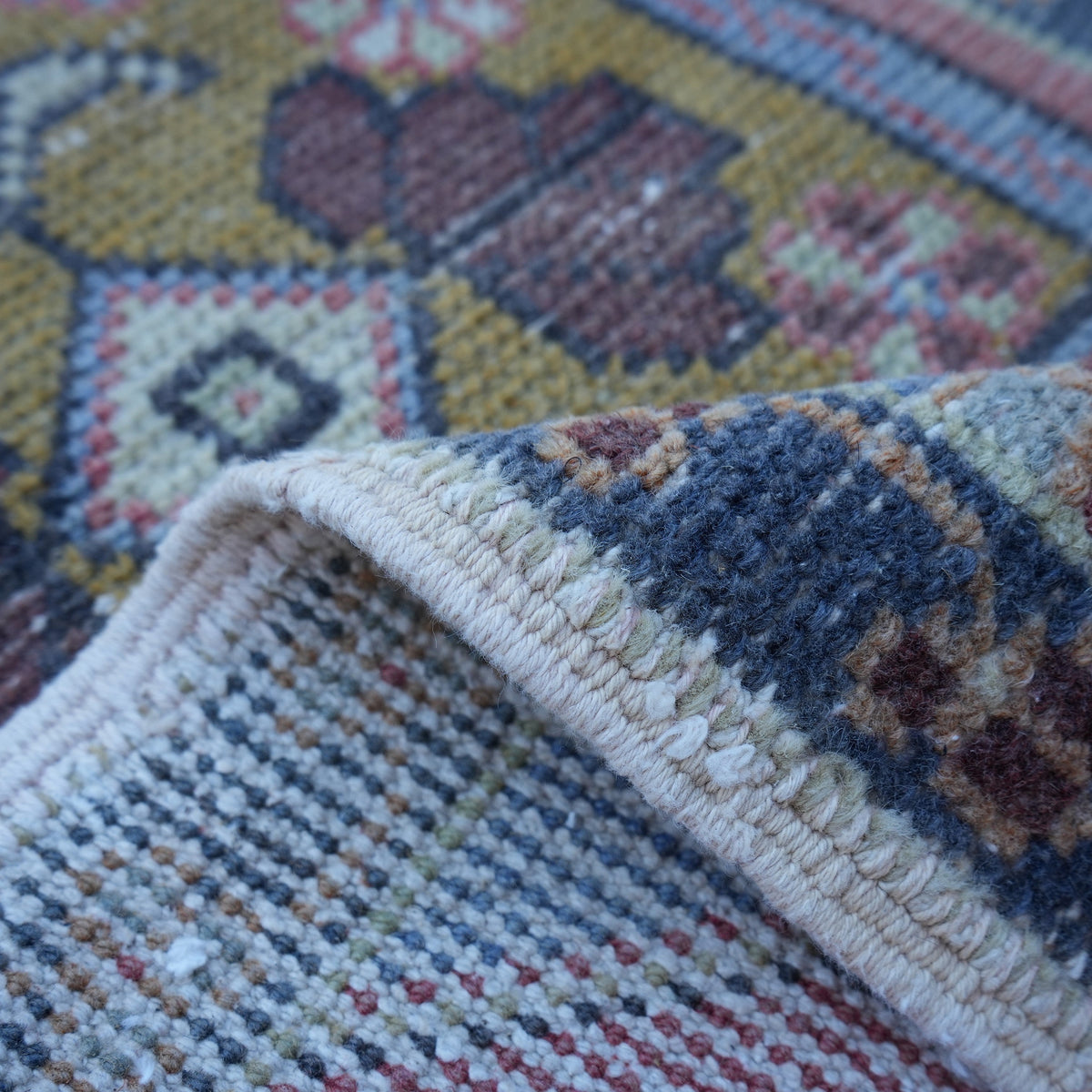 Additional view of the blue Turkish small handmade rug, hand-knotted in wool and cotton.