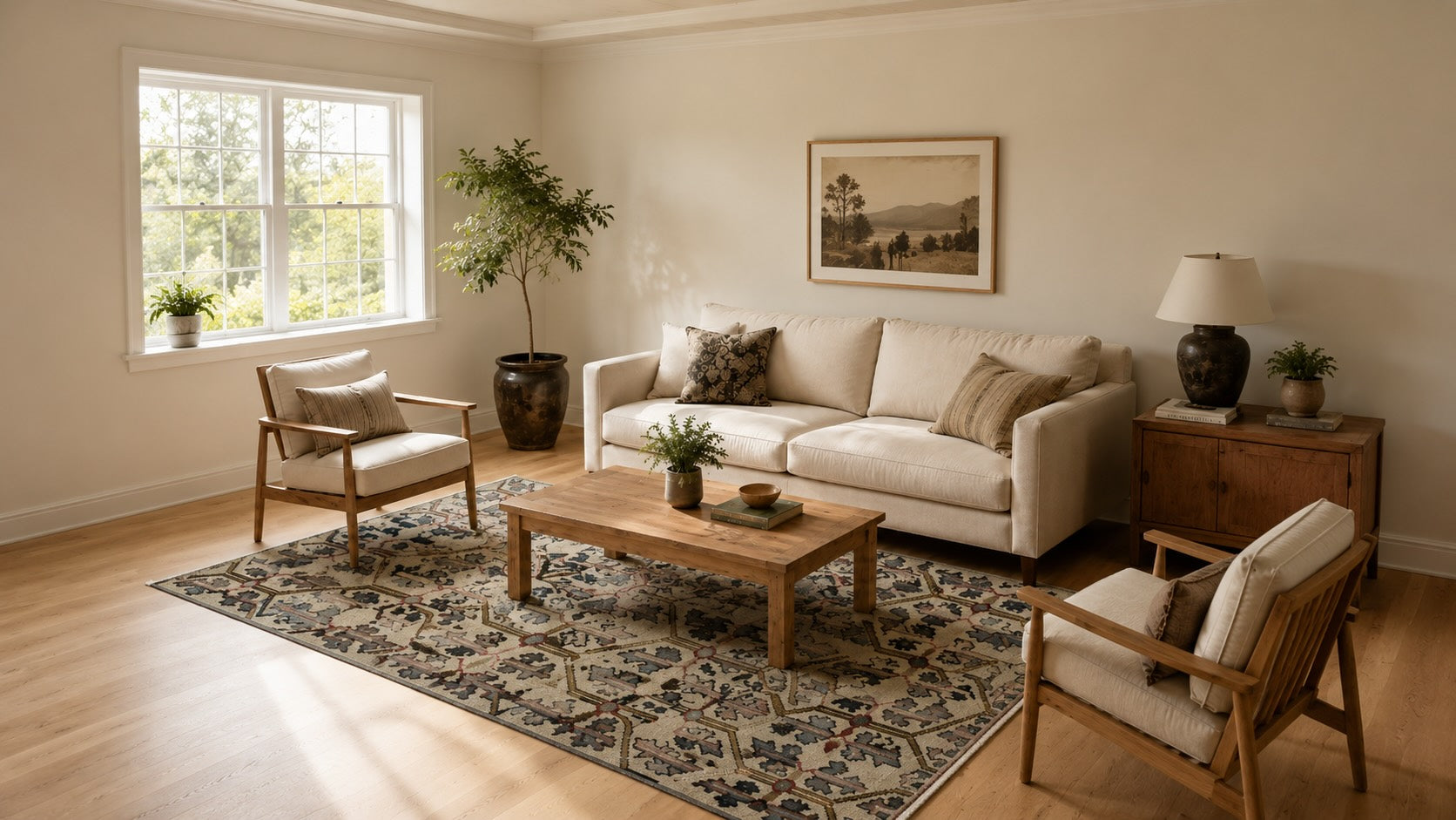 Compact living room with a large vintage geometric rug anchoring a cream sofa and two wooden armchairs, front legs resting on the rug, natural light from left window making the space feel open and spacious
