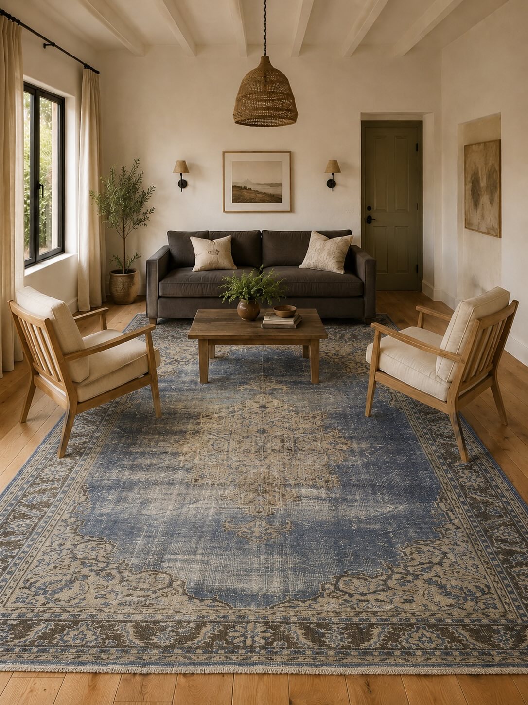 Large vintage blue and beige hand-knotted Turkish rug filling a small living room with sofa and armchair front legs resting on it, 10 to 12 inches of hardwood floor visible around the edges showing correct rug sizing for compact spaces