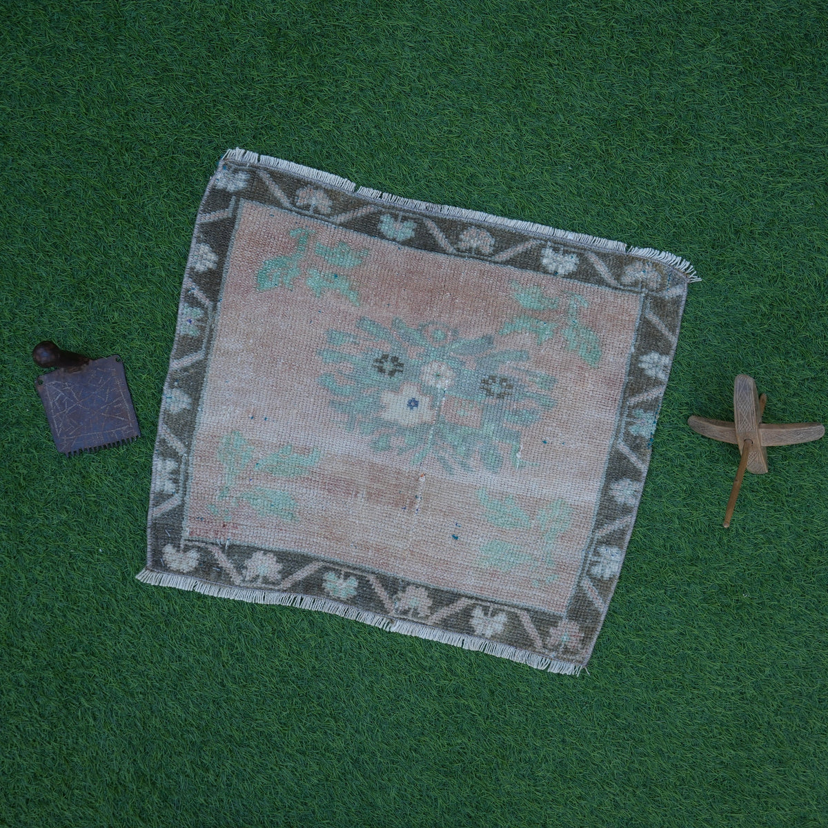 Pale Orange 1' x 2' small square rug with traditional design, handmade in Turkey – Nanice.