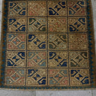 1970s blue Turkish small square rug with neutral design, hand-knotted weave and low pile.