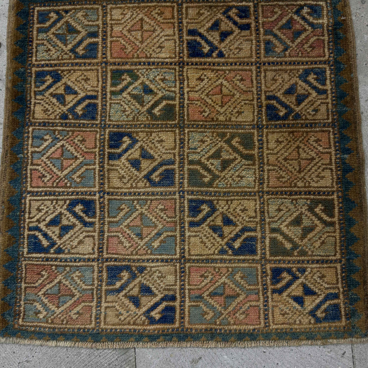 1970s blue Turkish small square rug with neutral design, hand-knotted weave and low pile.
