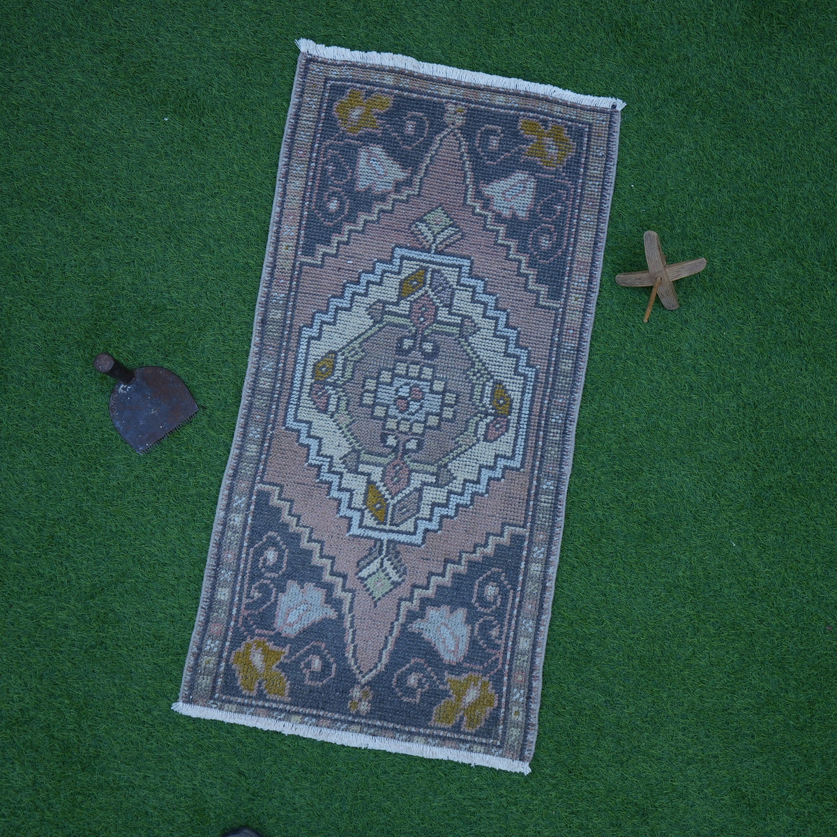 Pink 2' x 3' small vintage rug with traditional design, handmade in Turkey – Marigold.