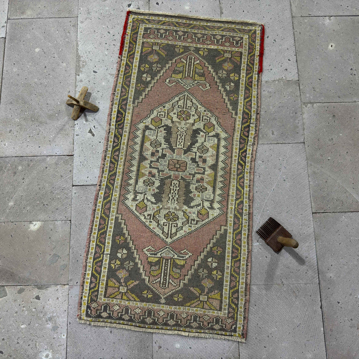 Pink 2' x 4' small vintage rug with traditional design, handmade in Turkey – Bernete.