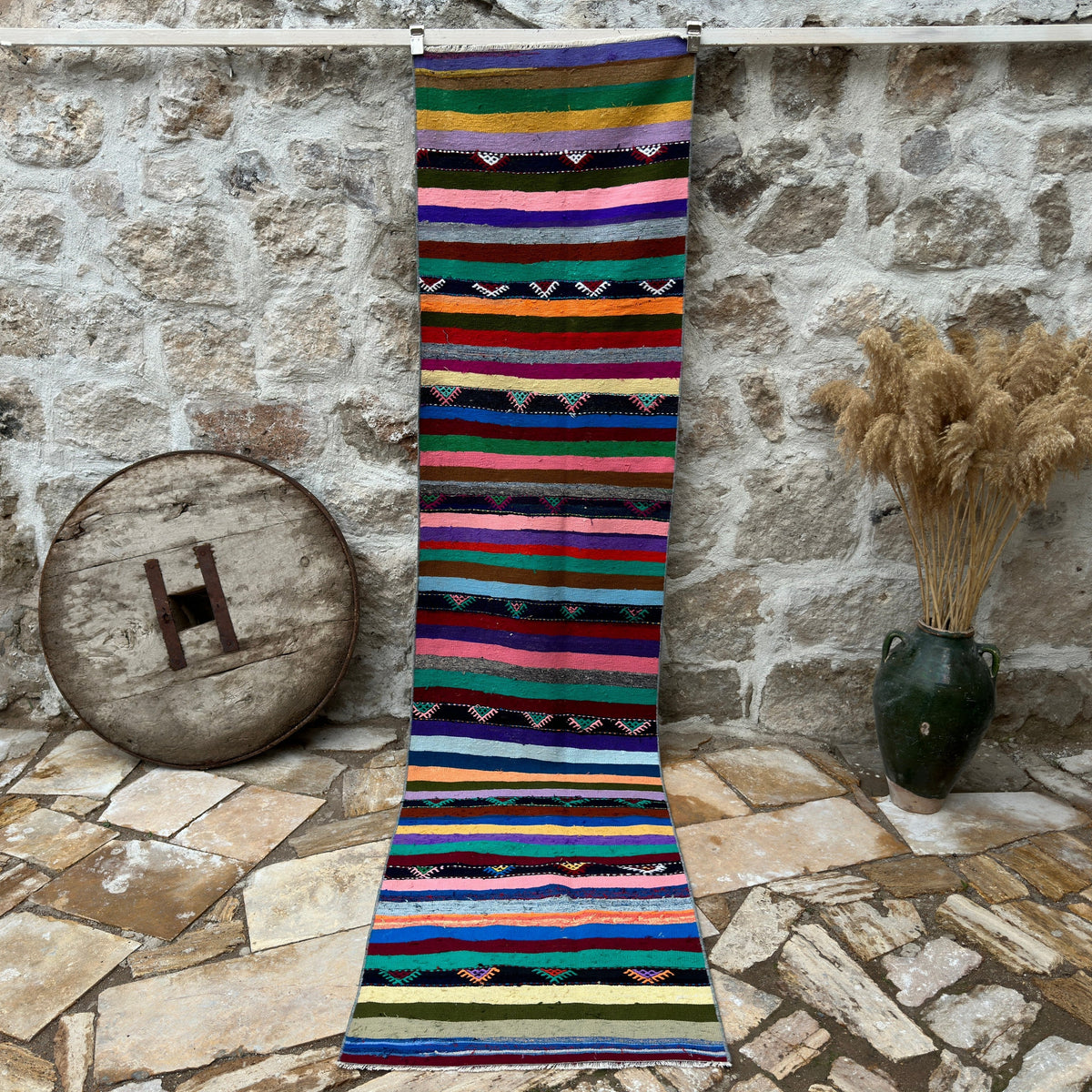 Pink 3' x 10' striped kilim runner rug with striped design, handmade in Turkey – Blakesley.