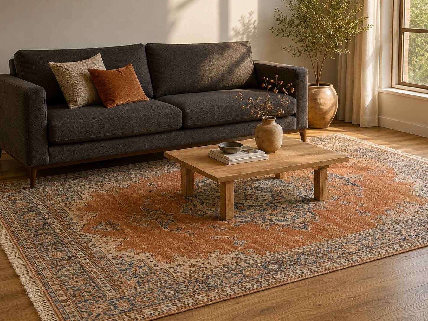 Terracotta and rust vintage medallion rug warming up a dark charcoal gray sofa in a sunlit living room