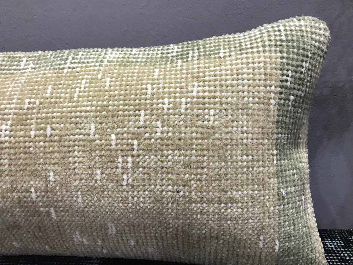 1970s beige Turkish throw pillow with neutral design, low pile.
