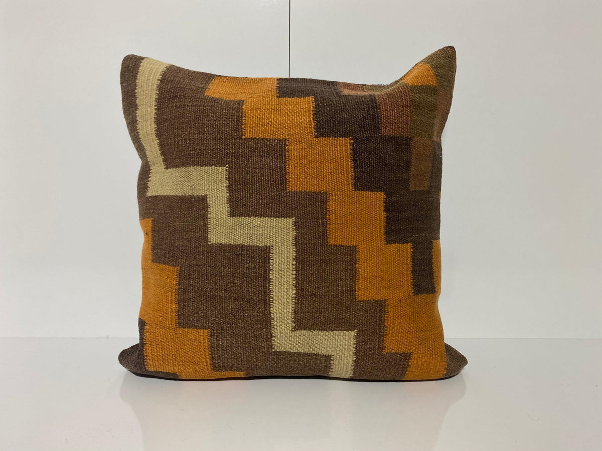Brown throw pillow with geometric design, handmade in Turkey – KK00209.