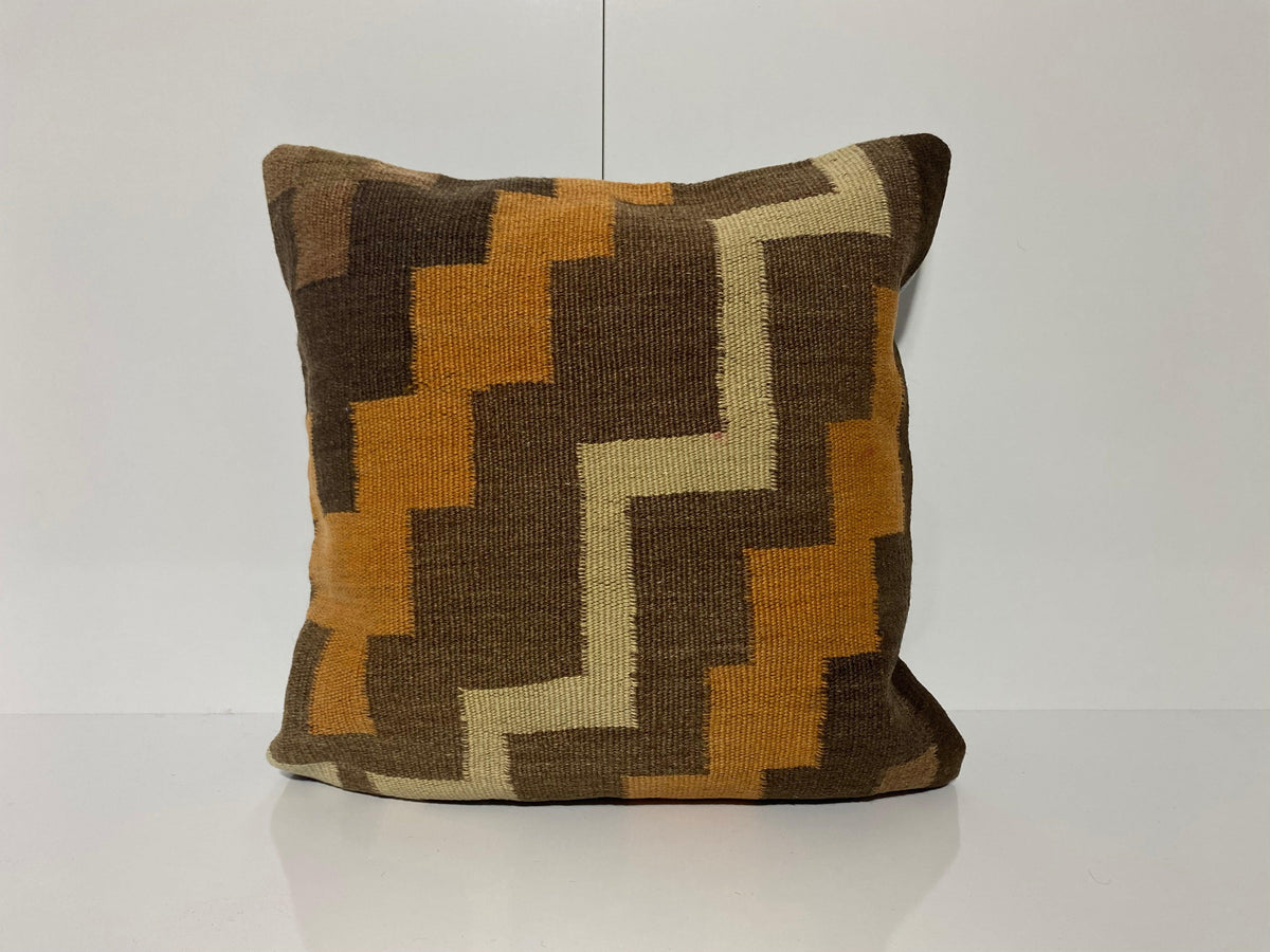 Brown throw pillow with geometric design, handmade in Turkey – KK00216.
