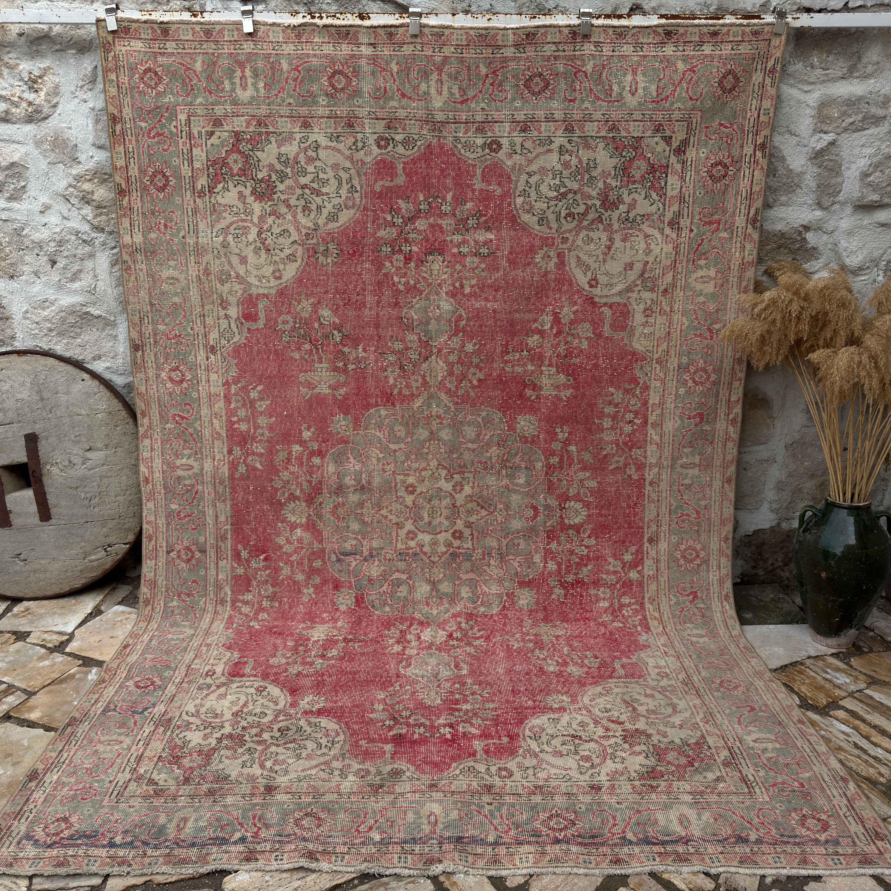 Red 7' x 11' traditional anatolian rug with traditional design, handmade in Turkey – Loki.