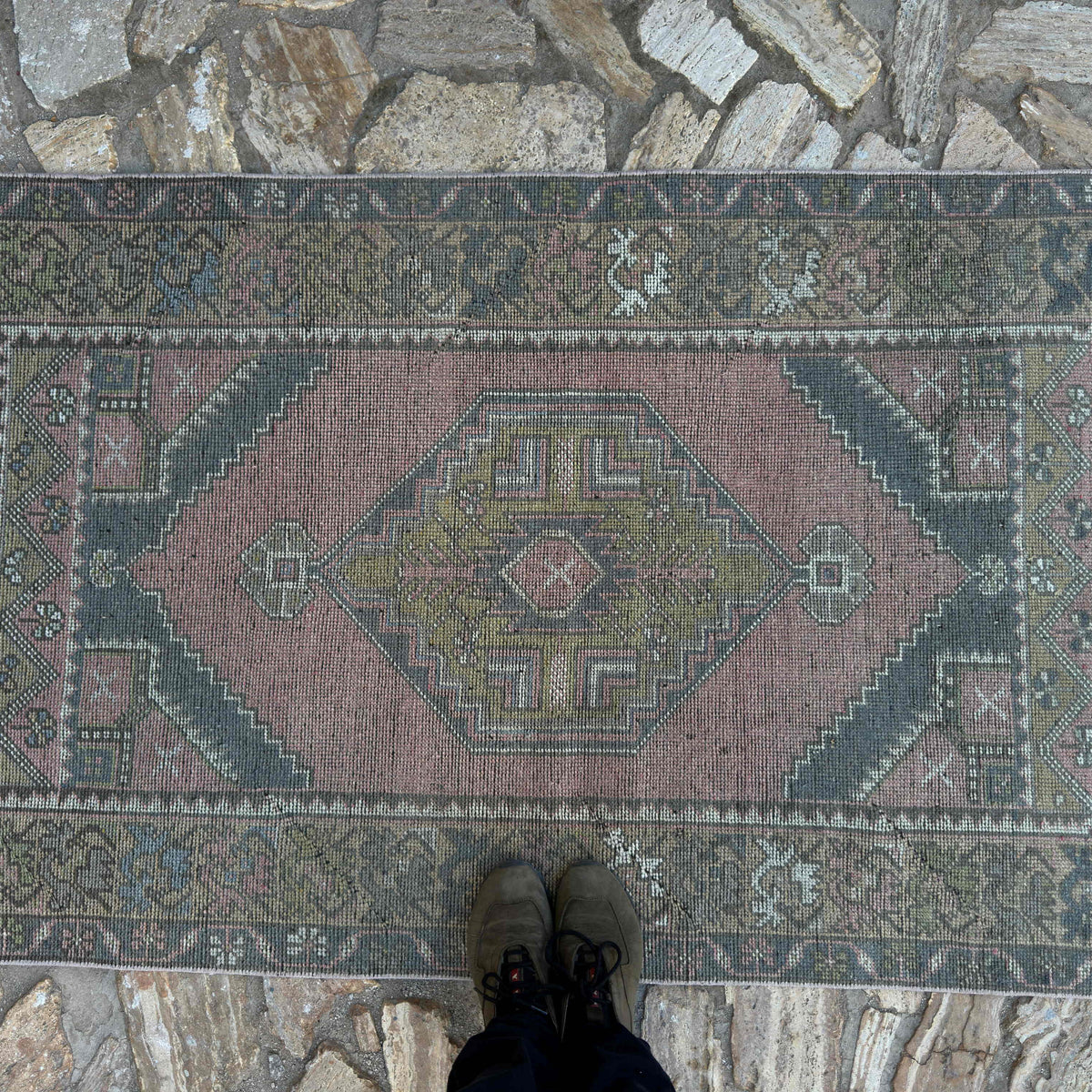 1970s pink traditional turkish rug, hand-knotted weave and low pile.