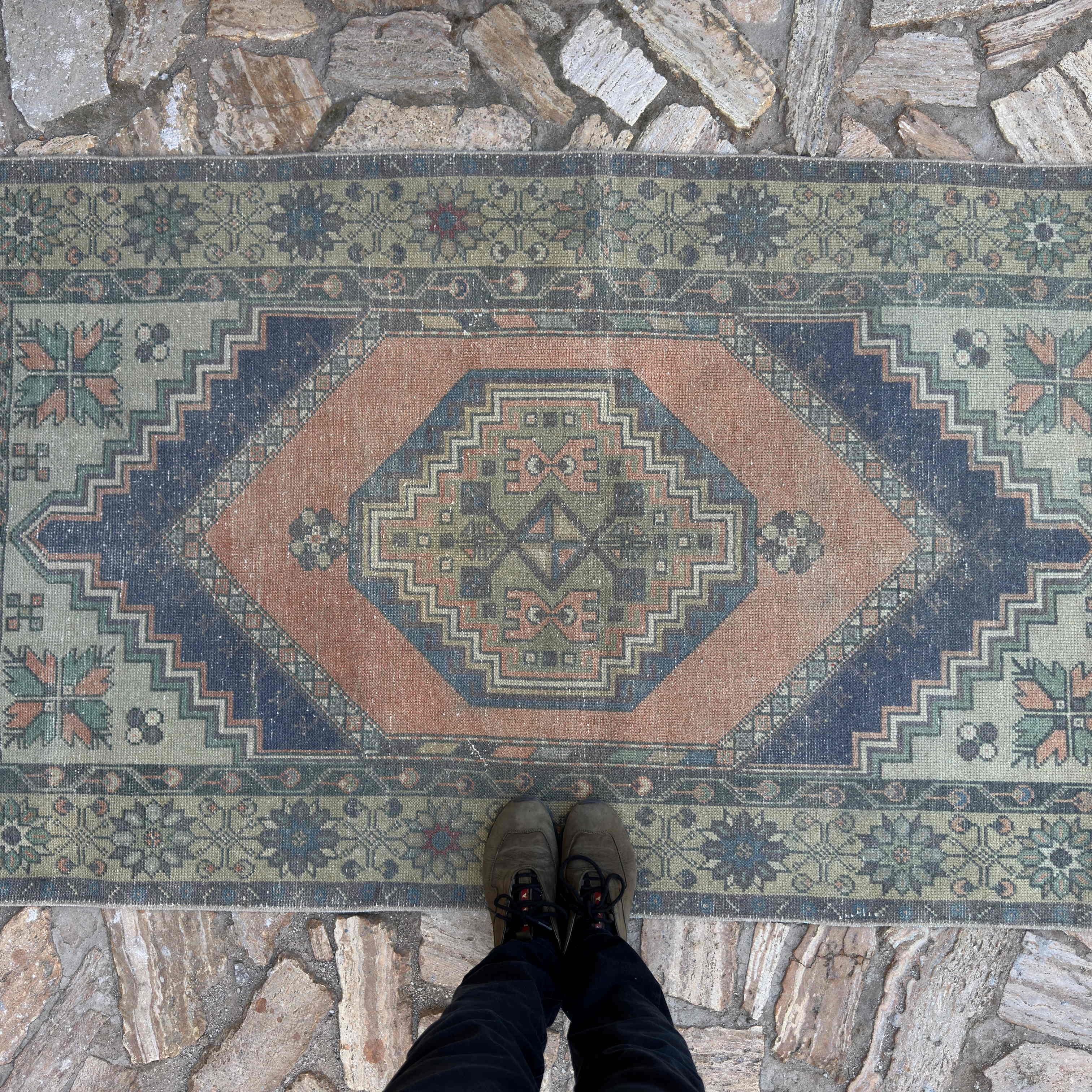 1970s orange Turkish traditional vintage rug with traditional design, hand-knotted weave and low pile.