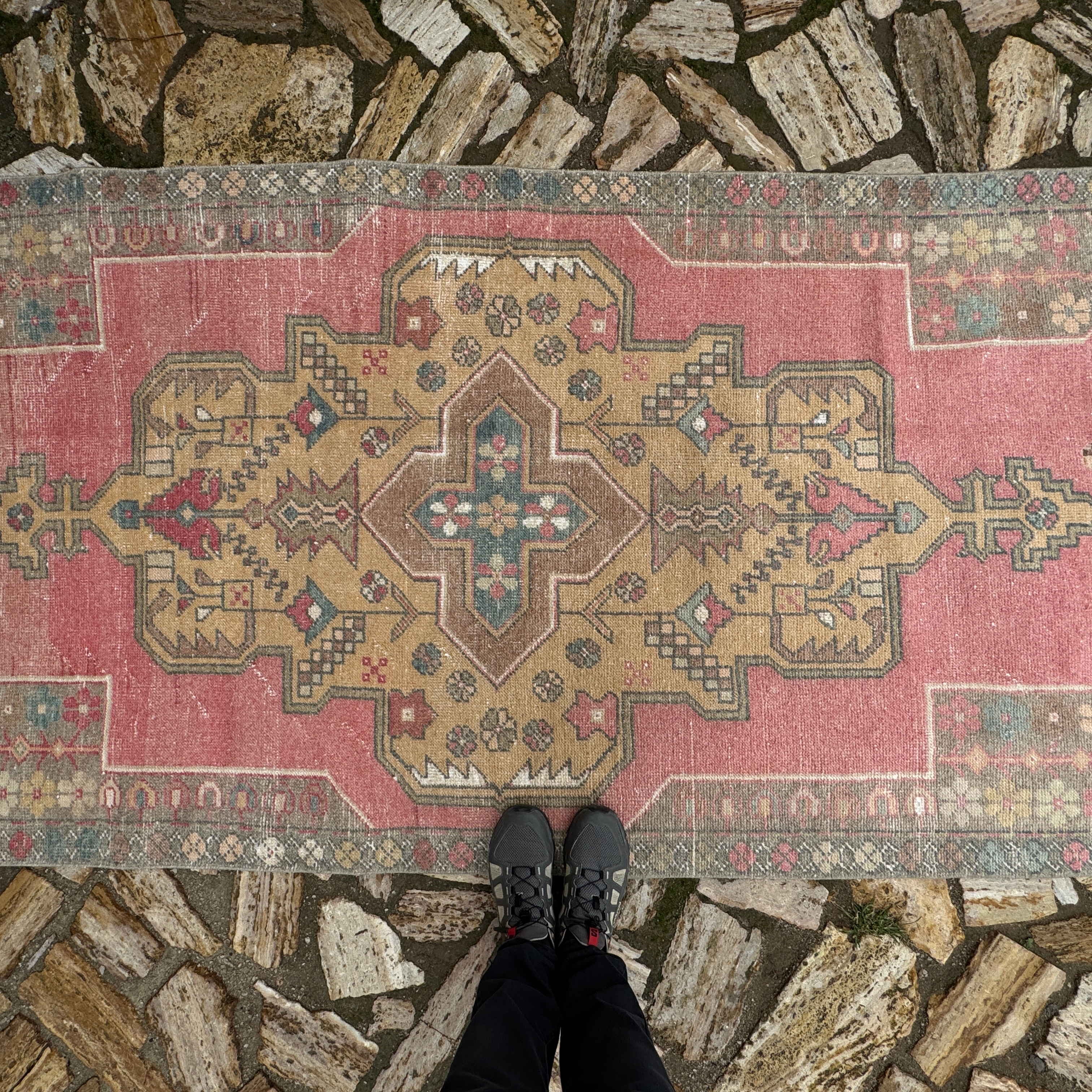 1970s pale pink Turkish traditional vintage rug with traditional design, hand-knotted weave and low pile.