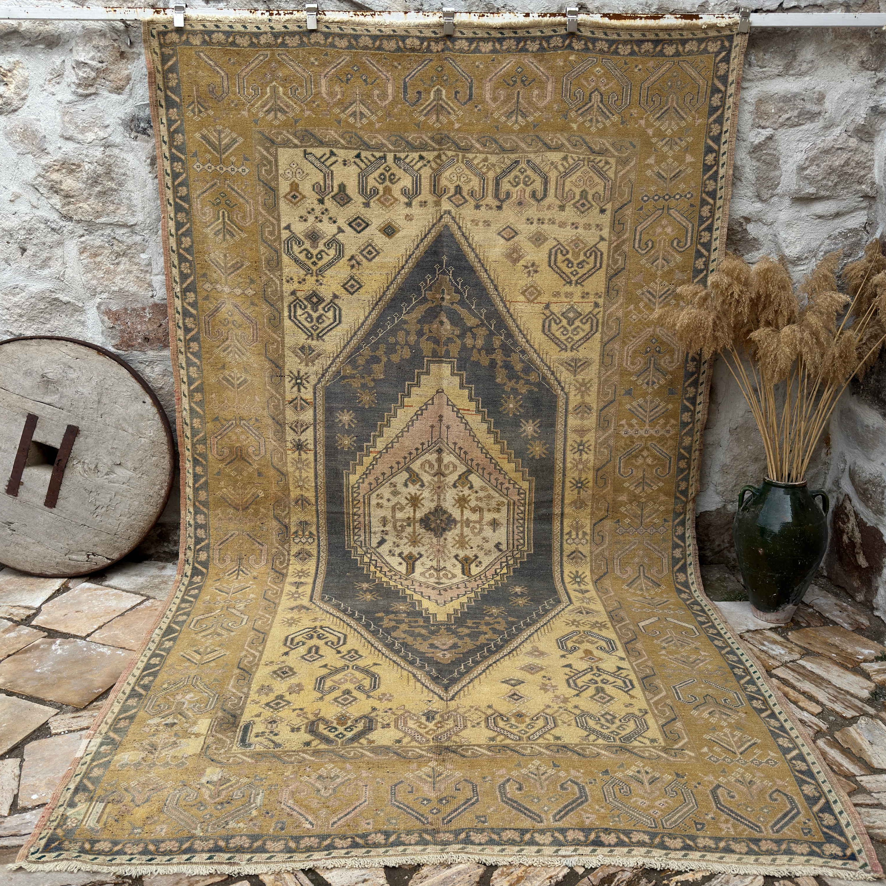 Yellow 7' x 11' traditional wool rug with neutral design, handmade in Turkey – Patti.