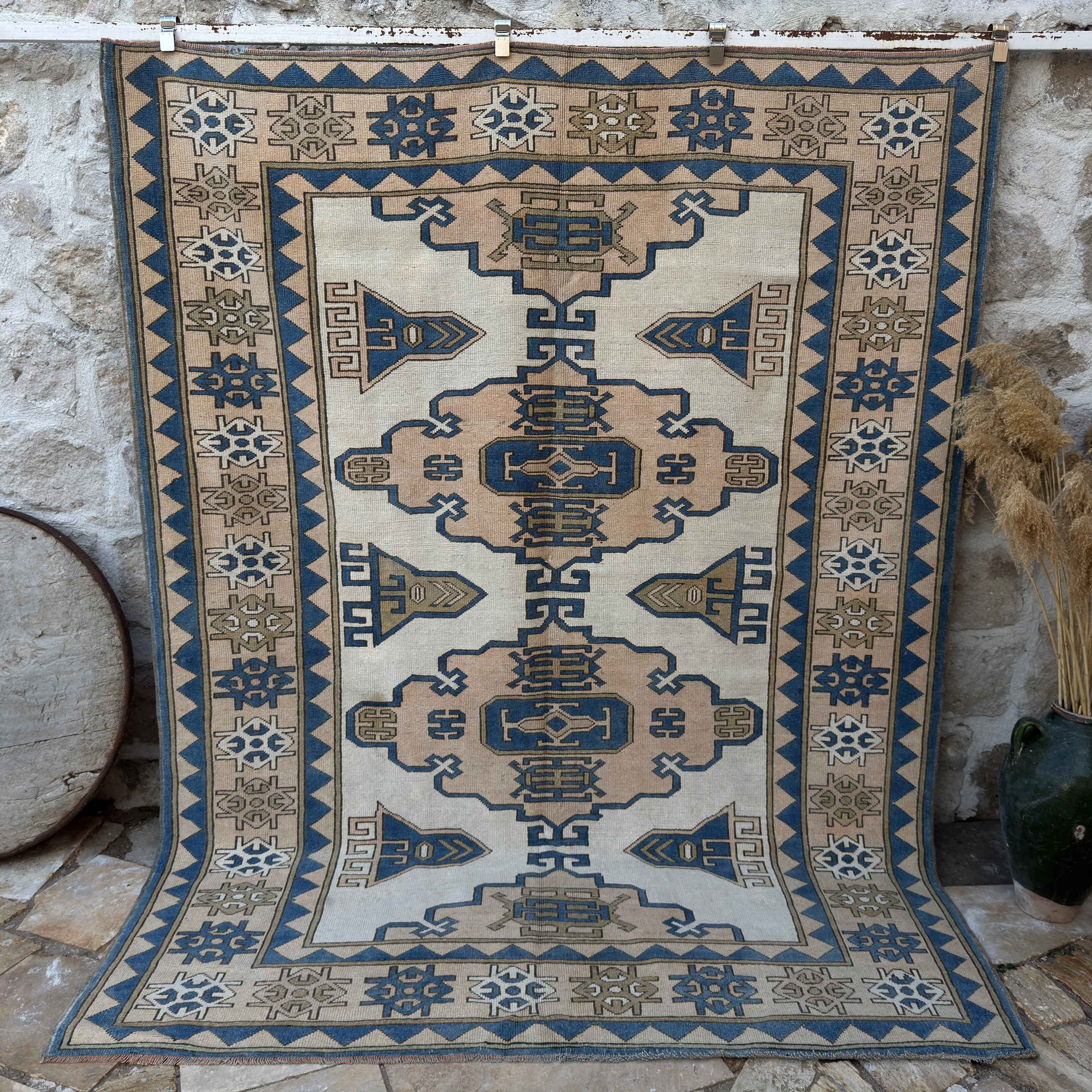 Pale Blue 7' x 9' turkish geometric carpet with traditional design, handmade in Turkey – Clive.