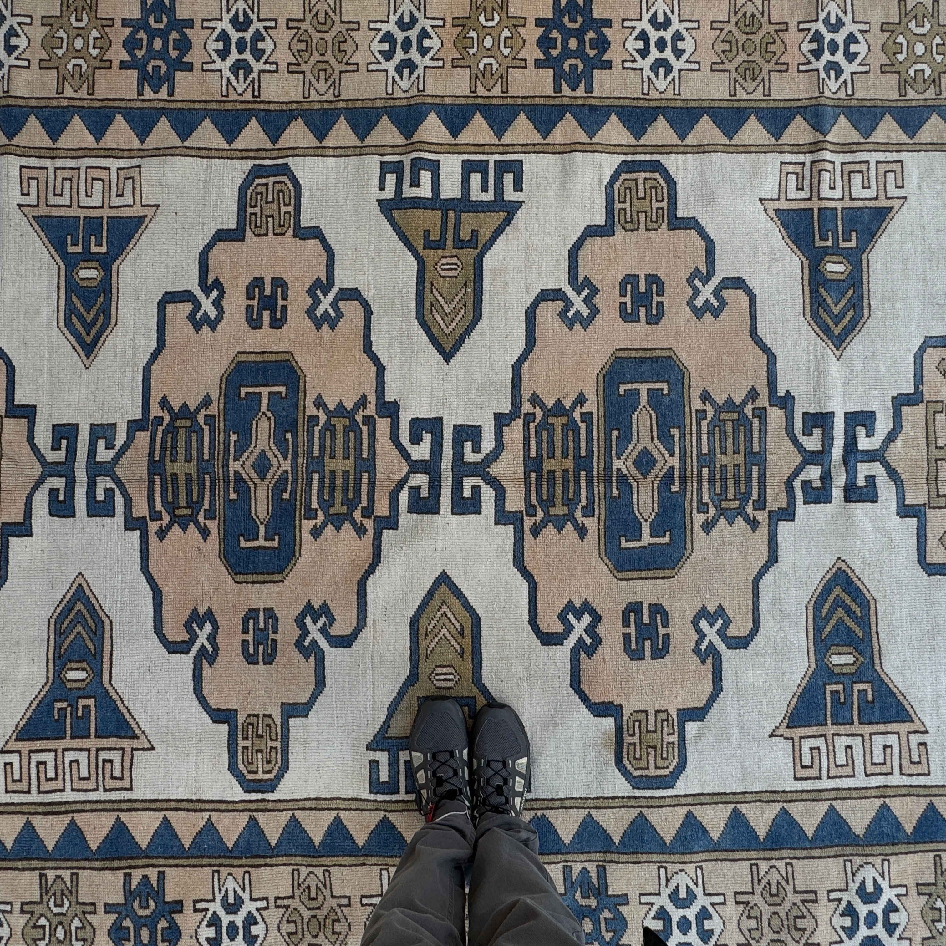 1970s pale blue turkish geometric carpet with traditional design, hand-knotted weave and low pile.