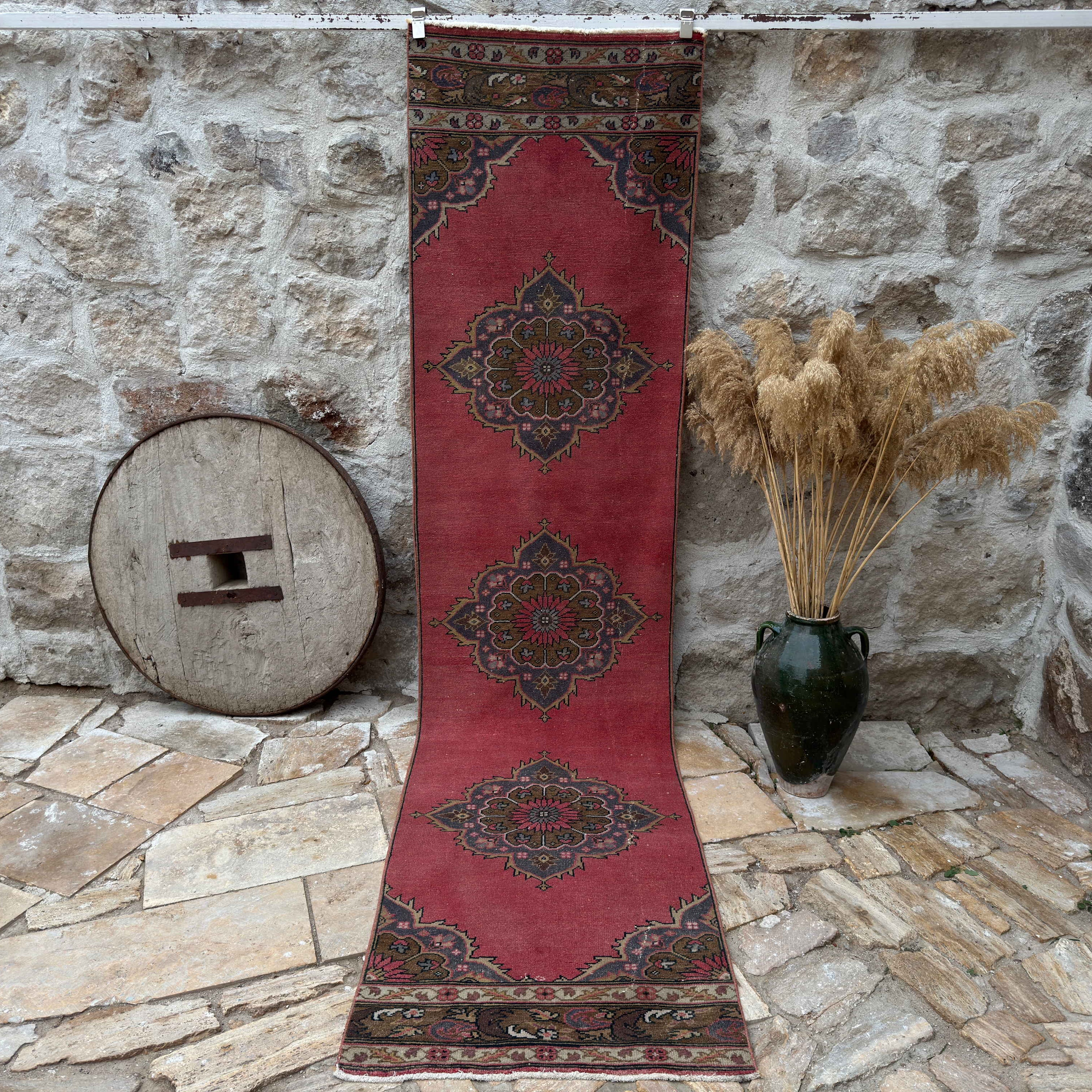 Red 3' x 11' turkish geometric runner rug with traditional design, handmade in Turkey – Armani.